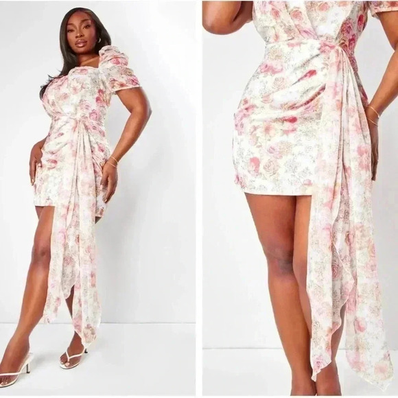 Band New With Tags Pink Floral Print One Shoulder Draped Chiffon Bodycon Dress 6 - Picture 1 of 11